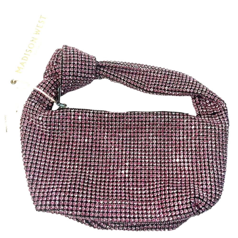 NWT Madison West Knotted Rhinestone Dumpling Evening Handbag Purse in Pink